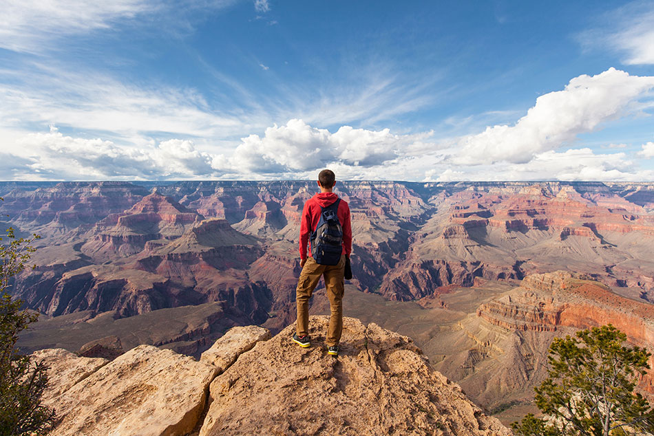 A lone hiker looks out over a canyon. He could be wearing Patagonia gear, but is too far away to tell.  