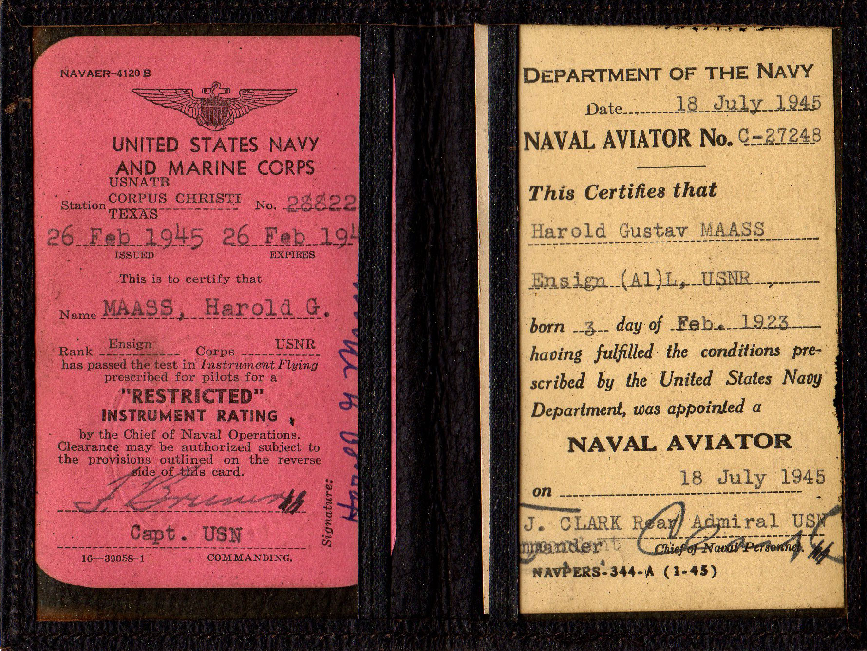 World War II Naval aviator certificate